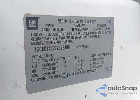 2007 Chevrolet Silverado 1500 Work Truck from USA, damaged, VIN 1GCEC14X27Z623409